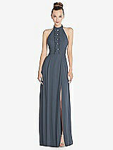 Front View Thumbnail - Silverstone Halter Backless Maxi Dress with Crystal Button Ruffle Placket