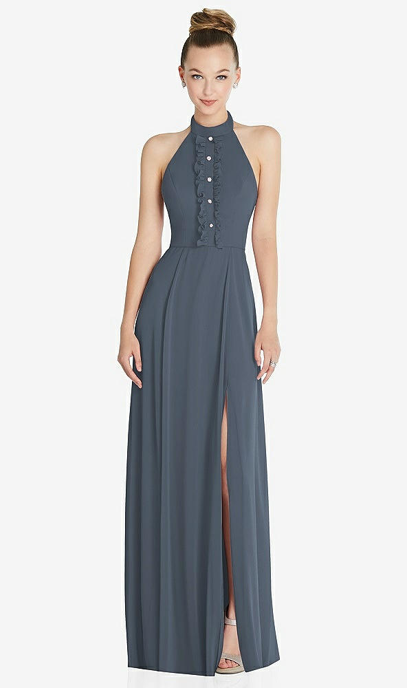 Front View - Silverstone Halter Backless Maxi Dress with Crystal Button Ruffle Placket