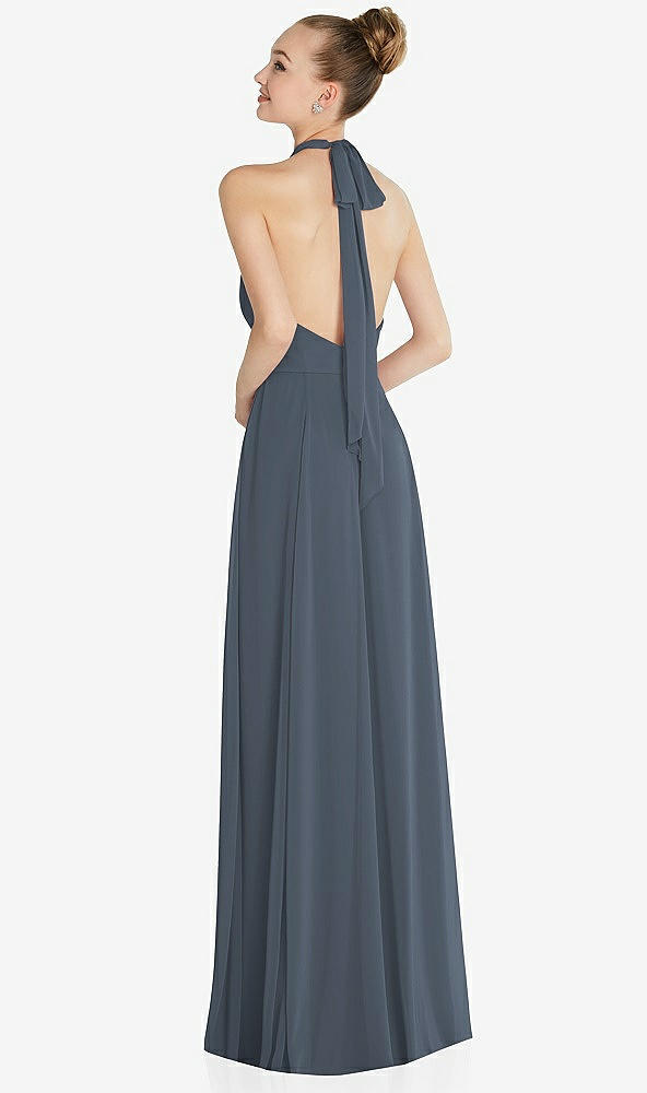 Back View - Silverstone Halter Backless Maxi Dress with Crystal Button Ruffle Placket