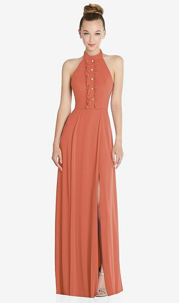 Front View - Terracotta Copper Halter Backless Maxi Dress with Crystal Button Ruffle Placket