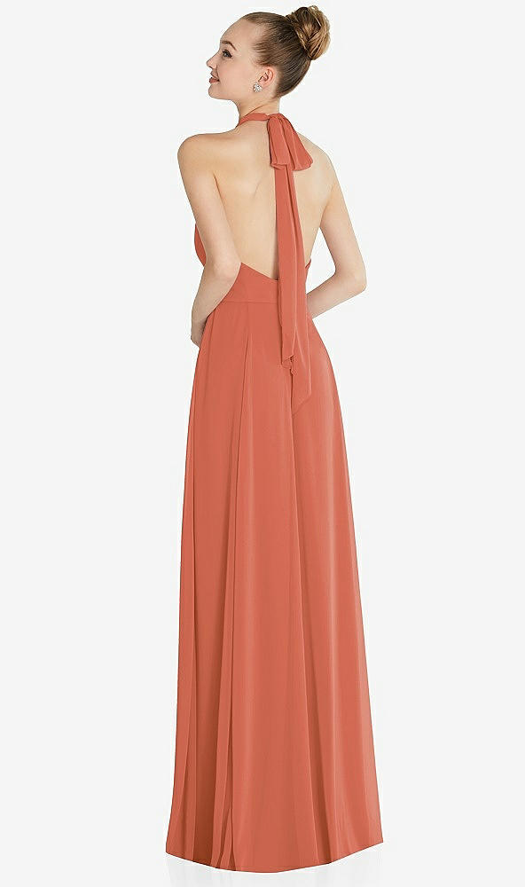 Back View - Terracotta Copper Halter Backless Maxi Dress with Crystal Button Ruffle Placket