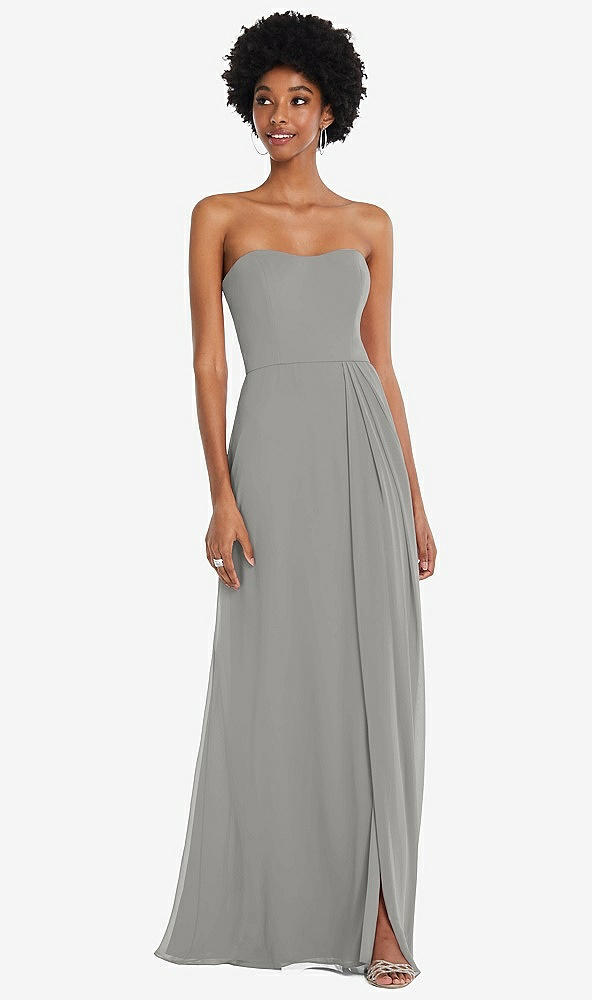 Front View - Chelsea Gray Strapless Sweetheart Maxi Dress with Pleated Front Slit 