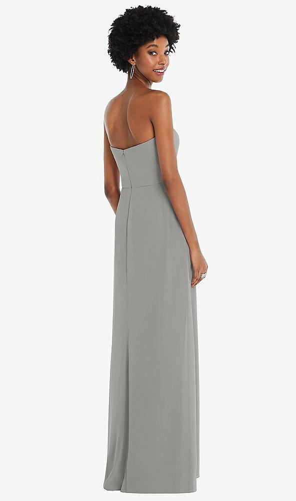 Back View - Chelsea Gray Strapless Sweetheart Maxi Dress with Pleated Front Slit 