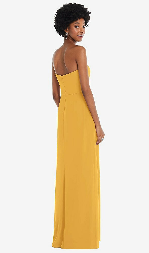 Back View - NYC Yellow Strapless Sweetheart Maxi Dress with Pleated Front Slit 