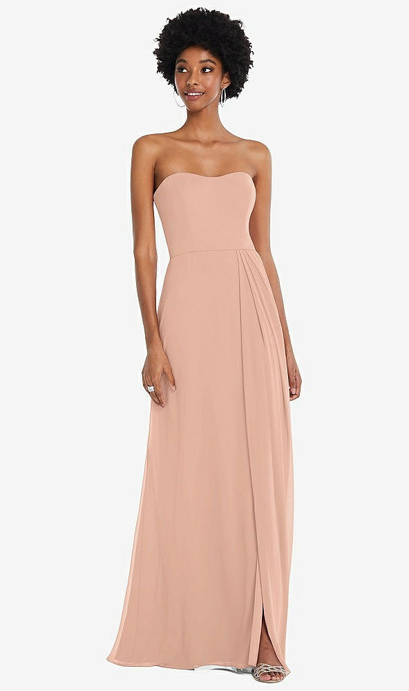 Front View - Pale Peach Strapless Sweetheart Maxi Dress with Pleated Front Slit 