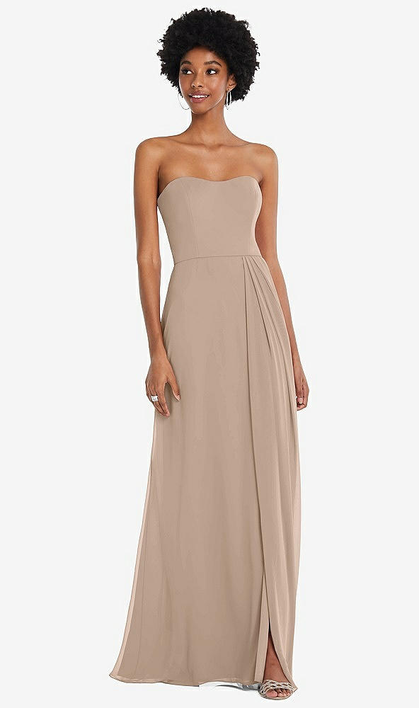 Front View - Topaz Strapless Sweetheart Maxi Dress with Pleated Front Slit 