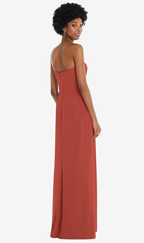 Back View - Amber Sunset Strapless Sweetheart Maxi Dress with Pleated Front Slit 