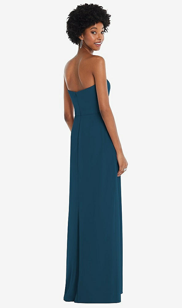 Back View - Atlantic Blue Strapless Sweetheart Maxi Dress with Pleated Front Slit 