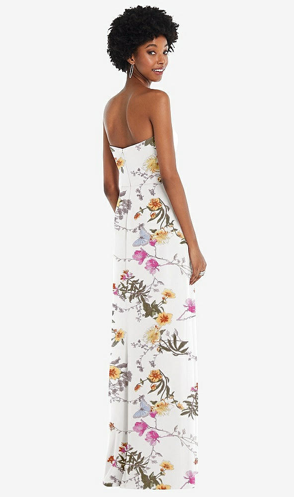 Back View - Butterfly Botanica Ivory Strapless Sweetheart Maxi Dress with Pleated Front Slit 