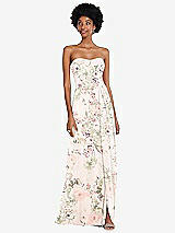 Front View Thumbnail - Blush Garden Strapless Sweetheart Maxi Dress with Pleated Front Slit 