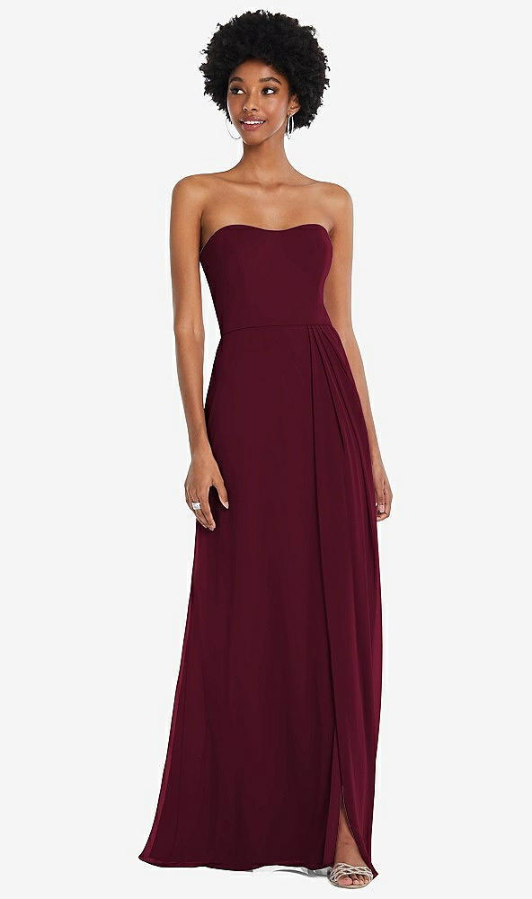 Front View - Cabernet Strapless Sweetheart Maxi Dress with Pleated Front Slit 