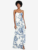 Front View Thumbnail - Cottage Rose Dusk Blue Strapless Sweetheart Maxi Dress with Pleated Front Slit 