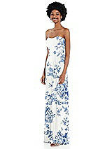 Side View Thumbnail - Cottage Rose Dusk Blue Strapless Sweetheart Maxi Dress with Pleated Front Slit 