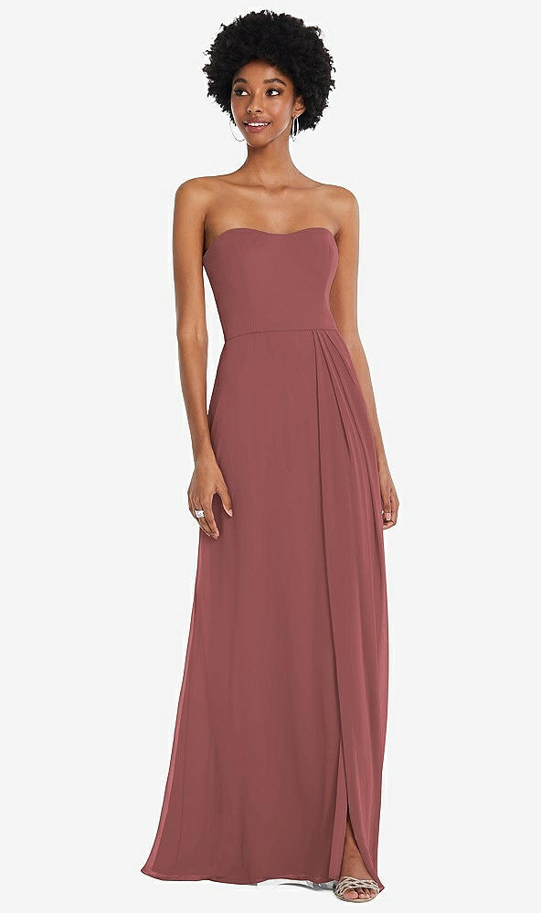 Front View - English Rose Strapless Sweetheart Maxi Dress with Pleated Front Slit 