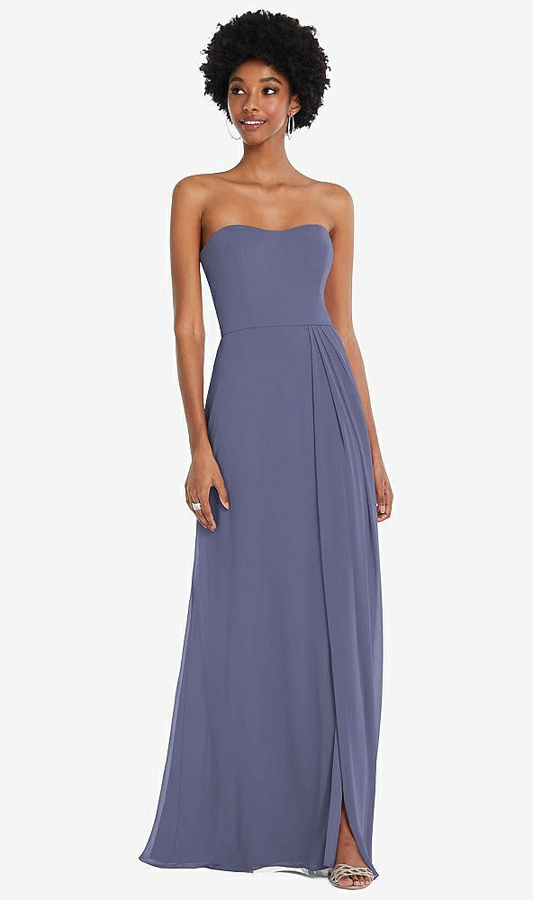 Front View - French Blue Strapless Sweetheart Maxi Dress with Pleated Front Slit 