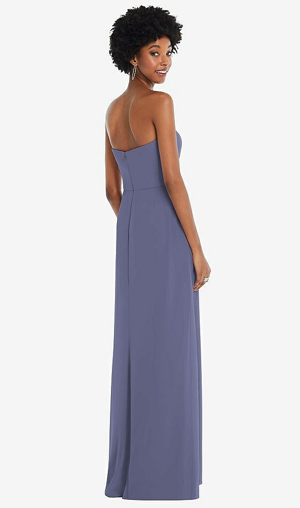 Back View - French Blue Strapless Sweetheart Maxi Dress with Pleated Front Slit 
