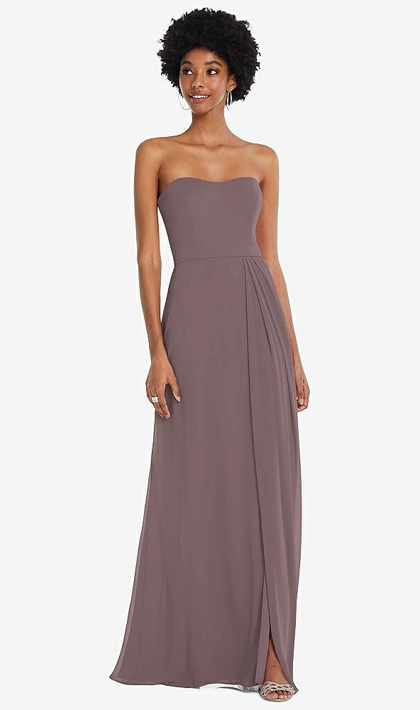 Front View - French Truffle Strapless Sweetheart Maxi Dress with Pleated Front Slit 