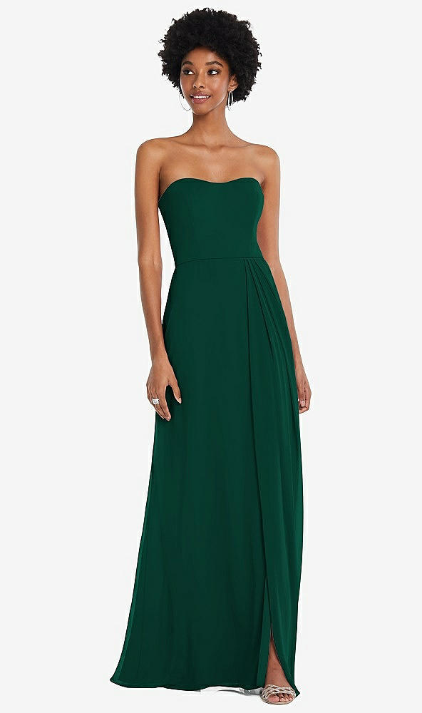 Front View - Hunter Green Strapless Sweetheart Maxi Dress with Pleated Front Slit 