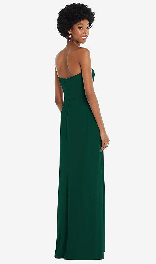 Back View - Hunter Green Strapless Sweetheart Maxi Dress with Pleated Front Slit 