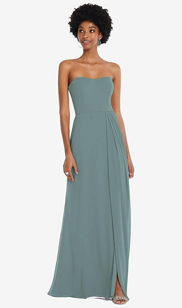 Front View - Icelandic Strapless Sweetheart Maxi Dress with Pleated Front Slit 