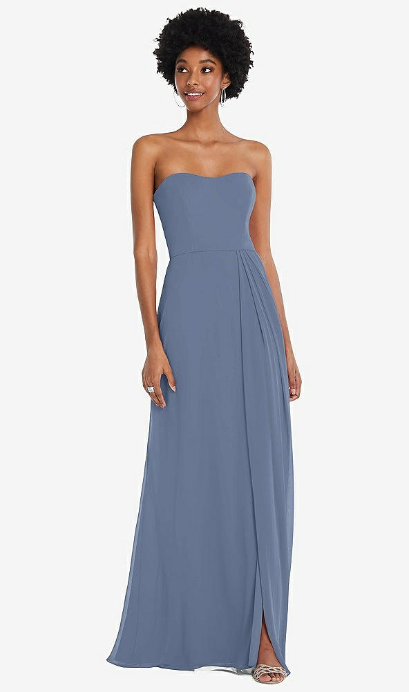 Front View - Larkspur Blue Strapless Sweetheart Maxi Dress with Pleated Front Slit 