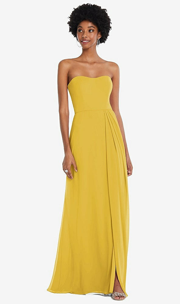 Front View - Marigold Strapless Sweetheart Maxi Dress with Pleated Front Slit 