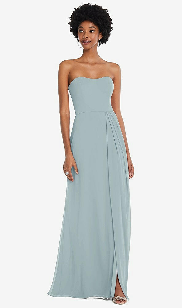Front View - Morning Sky Strapless Sweetheart Maxi Dress with Pleated Front Slit 