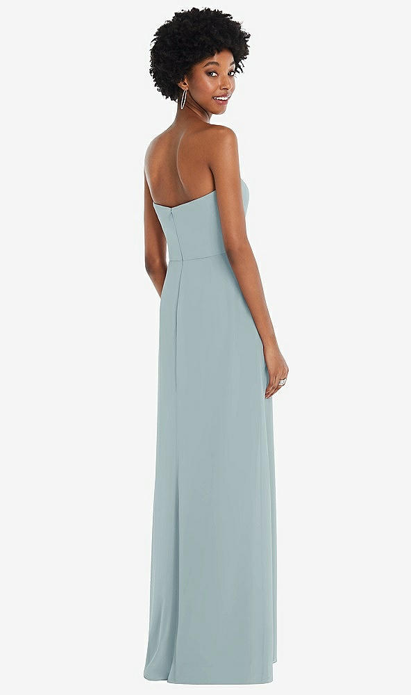 Back View - Morning Sky Strapless Sweetheart Maxi Dress with Pleated Front Slit 