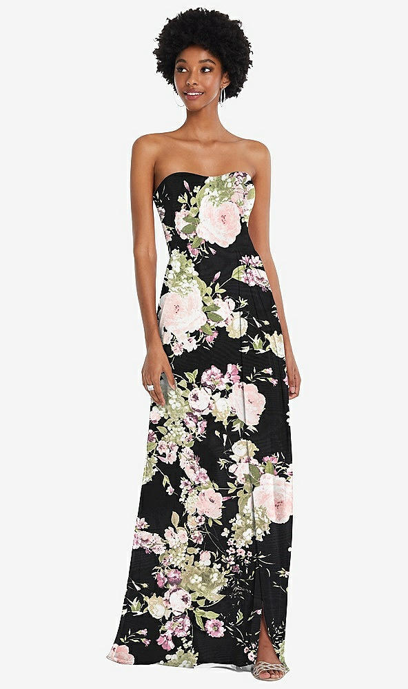 Front View - Noir Garden Strapless Sweetheart Maxi Dress with Pleated Front Slit 