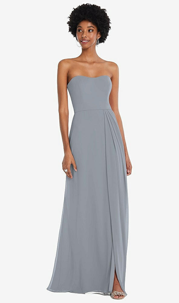 Front View - Platinum Strapless Sweetheart Maxi Dress with Pleated Front Slit 