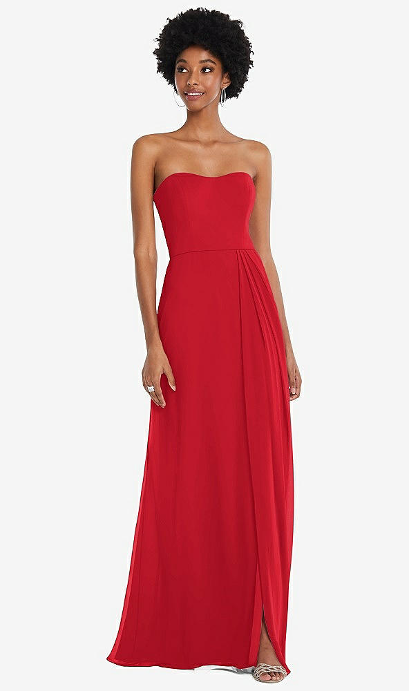Front View - Parisian Red Strapless Sweetheart Maxi Dress with Pleated Front Slit 