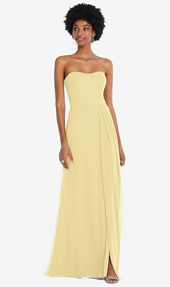 Front View - Pale Yellow Strapless Sweetheart Maxi Dress with Pleated Front Slit 