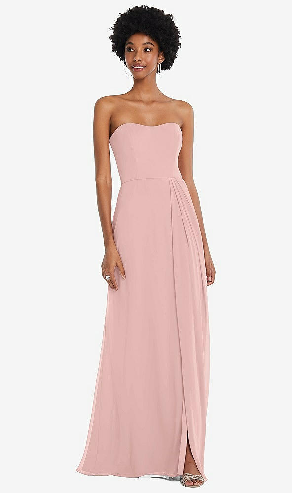 Front View - Rose - PANTONE Rose Quartz Strapless Sweetheart Maxi Dress with Pleated Front Slit 