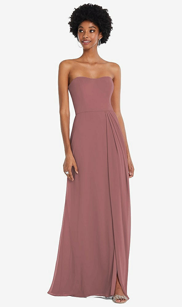 Front View - Rosewood Strapless Sweetheart Maxi Dress with Pleated Front Slit 