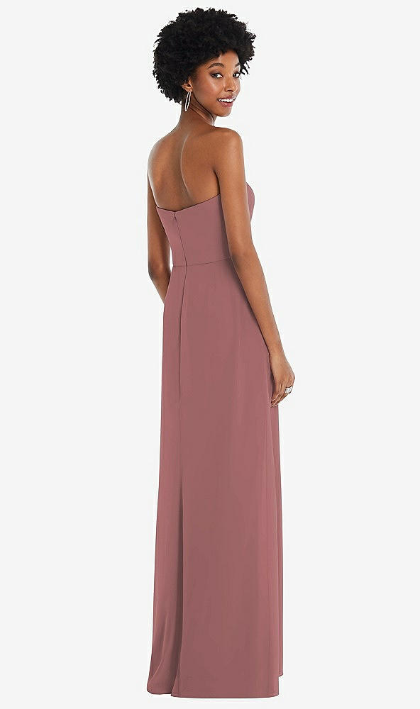Back View - Rosewood Strapless Sweetheart Maxi Dress with Pleated Front Slit 