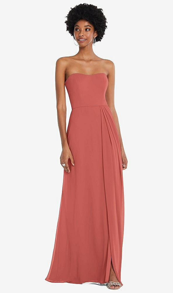 Front View - Coral Pink Strapless Sweetheart Maxi Dress with Pleated Front Slit 