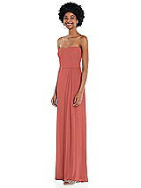 Side View Thumbnail - Coral Pink Strapless Sweetheart Maxi Dress with Pleated Front Slit 
