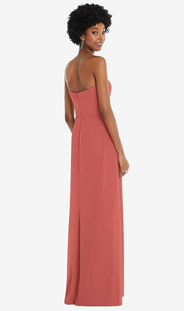 Back View - Coral Pink Strapless Sweetheart Maxi Dress with Pleated Front Slit 