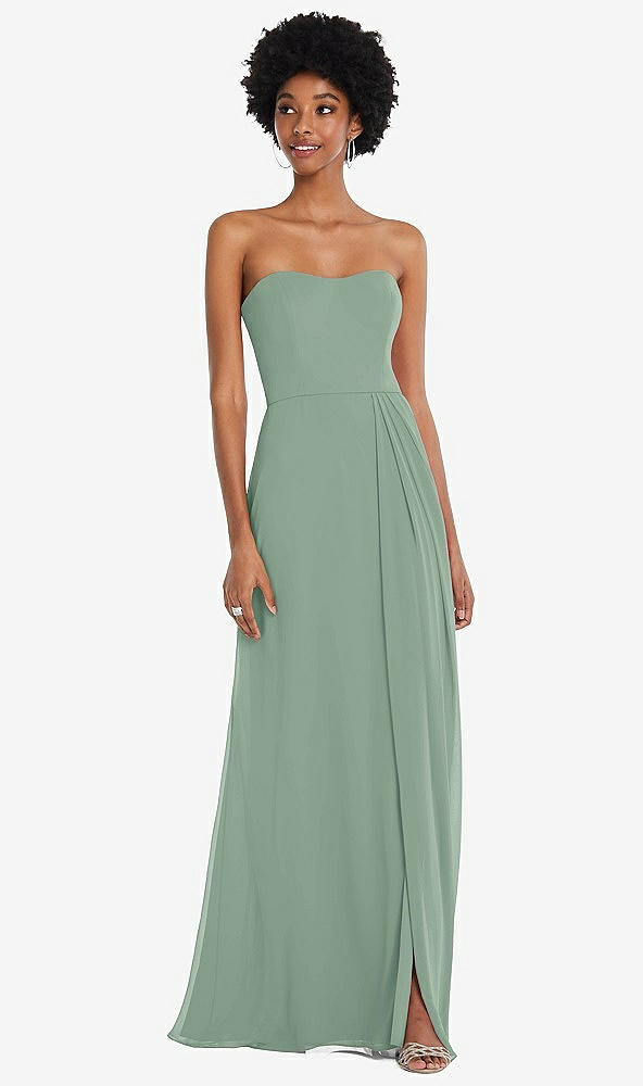 Front View - Seagrass Strapless Sweetheart Maxi Dress with Pleated Front Slit 