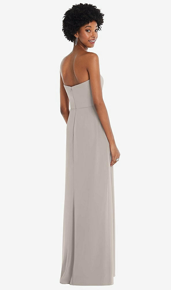 Back View - Taupe Strapless Sweetheart Maxi Dress with Pleated Front Slit 