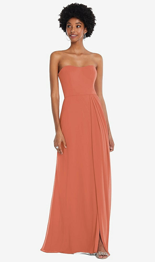 Front View - Terracotta Copper Strapless Sweetheart Maxi Dress with Pleated Front Slit 
