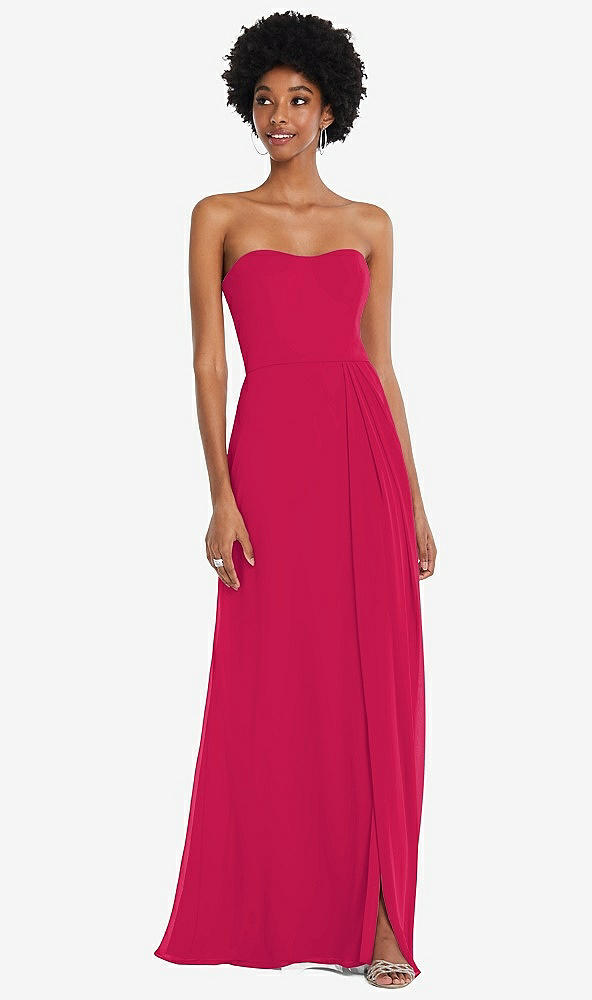 Front View - Vivid Pink Strapless Sweetheart Maxi Dress with Pleated Front Slit 