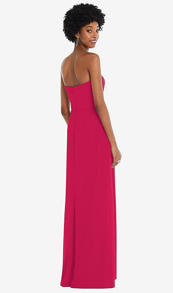 Back View - Vivid Pink Strapless Sweetheart Maxi Dress with Pleated Front Slit 