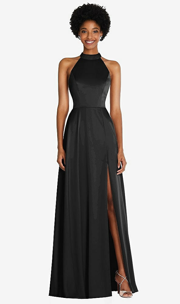 Front View - Black Stand Collar Cutout Tie Back Maxi Dress with Front Slit