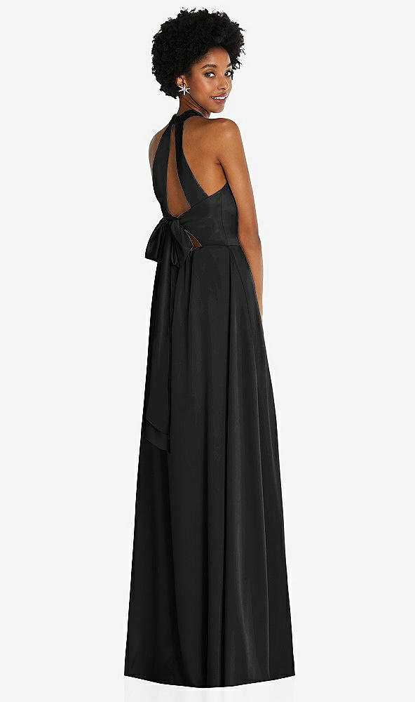 Back View - Black Stand Collar Cutout Tie Back Maxi Dress with Front Slit