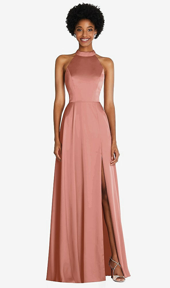 Front View - Desert Rose Stand Collar Cutout Tie Back Maxi Dress with Front Slit