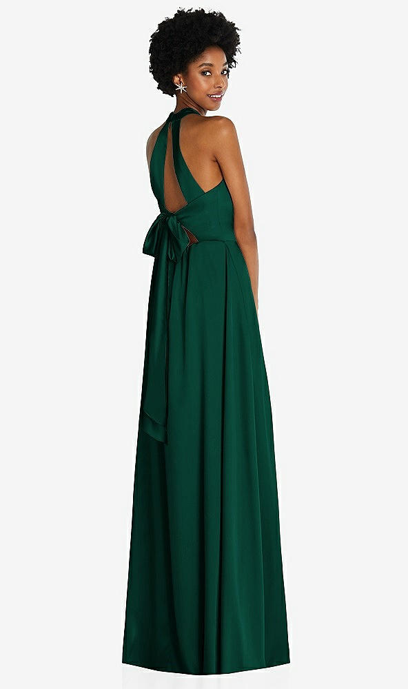 Back View - Hunter Green Stand Collar Cutout Tie Back Maxi Dress with Front Slit