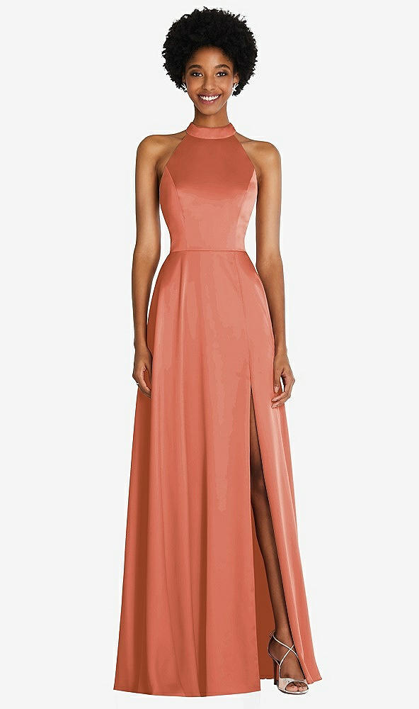 Front View - Terracotta Copper Stand Collar Cutout Tie Back Maxi Dress with Front Slit