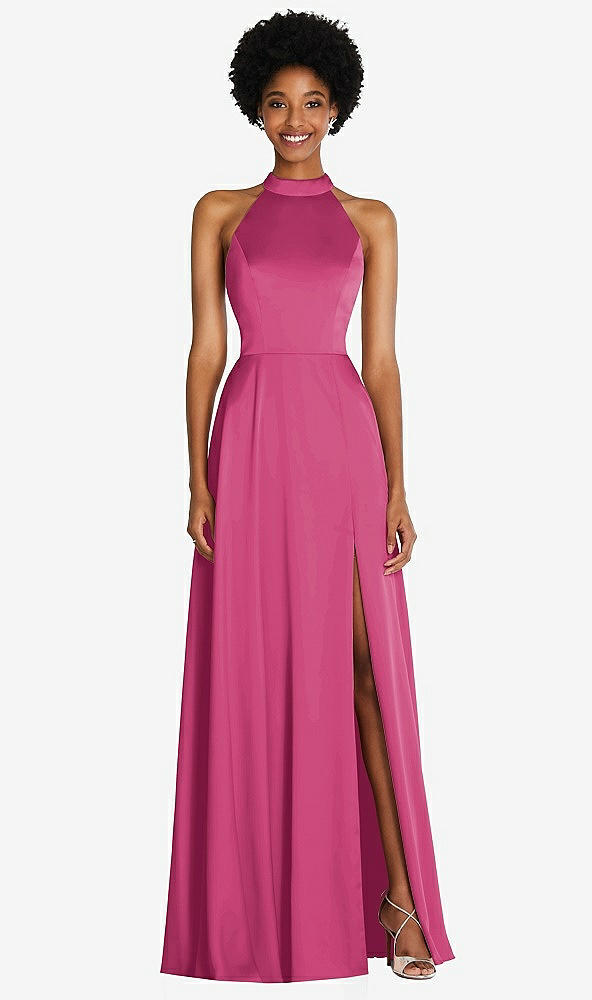 Front View - Tea Rose Stand Collar Cutout Tie Back Maxi Dress with Front Slit