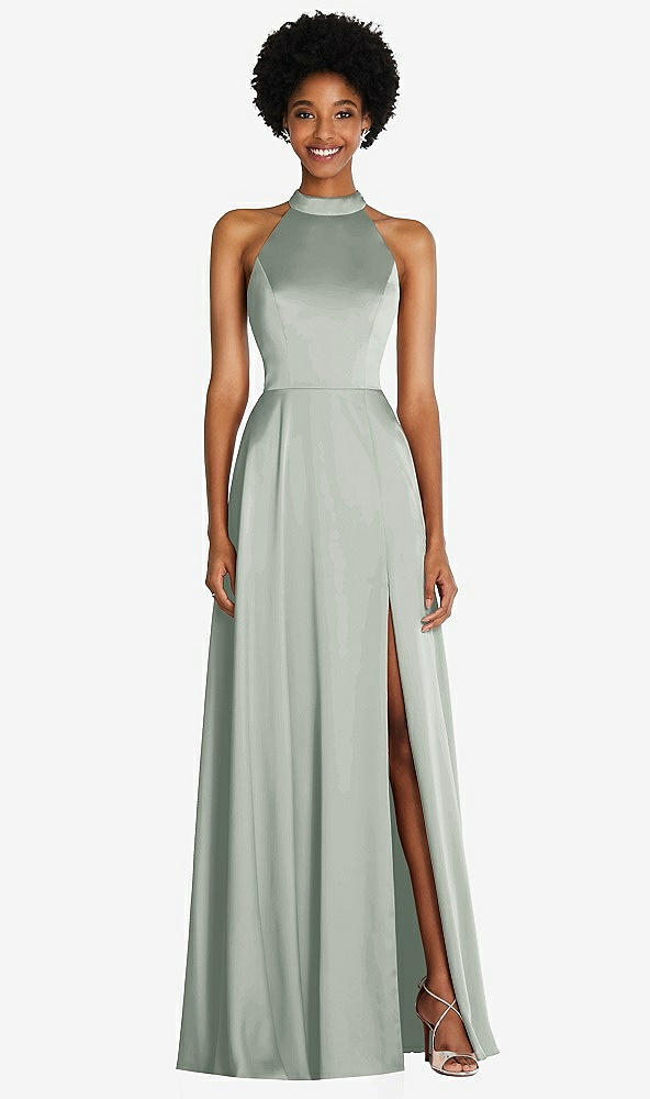 Front View - Willow Green Stand Collar Cutout Tie Back Maxi Dress with Front Slit